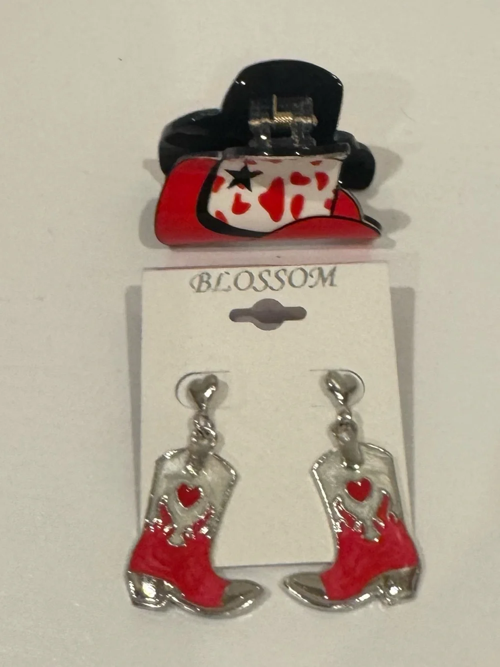 Blossom Red Cowboy Boot Earrings with Matching Hair Clip